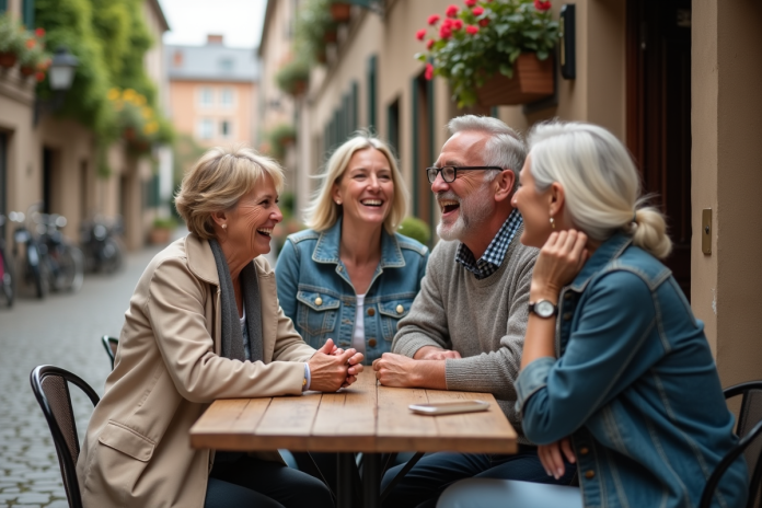 group-amies-cafe-europe Trois amis souriants autour d'une table en ville européenne