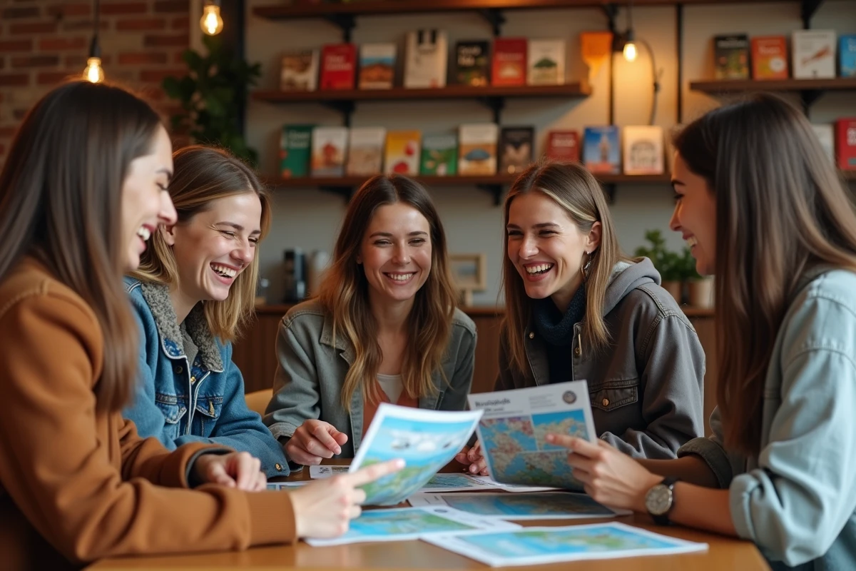 Amis discutant de voyage dans un café chaleureux