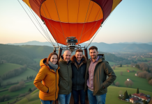 Groupe de quatre adultes dans une nacelle de montgolfière avec paysage