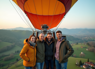 Nombre de personnes dans une montgolfière : capacité, taille, expérience ! Groupe de quatre adultes dans une nacelle de montgolfière avec paysage