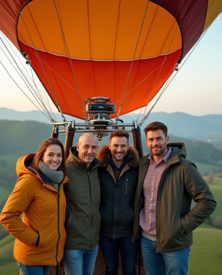 Groupe de quatre adultes dans une nacelle de montgolfière avec paysage