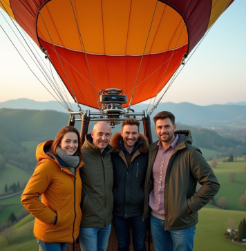 Nombre de personnes dans une montgolfière : capacité, taille, expérience ! Groupe de quatre adultes dans une nacelle de montgolfière avec paysage