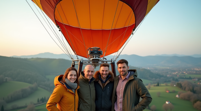 Groupe de quatre adultes dans une nacelle de montgolfière avec paysage