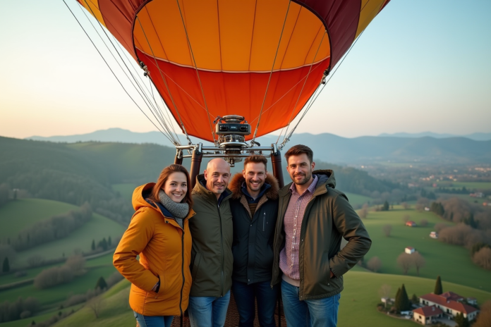 Groupe de quatre adultes dans une nacelle de montgolfière avec paysage