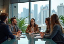 Pays le plus développé en ce moment : quel est-il vraiment ? Groupe de jeunes adultes en discussion dans un bureau moderne