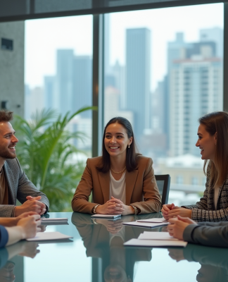 Groupe de jeunes adultes en discussion dans un bureau moderne