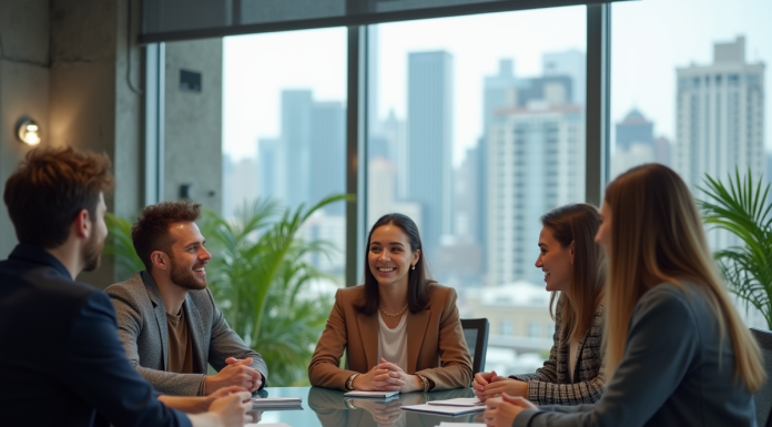 Groupe de jeunes adultes en discussion dans un bureau moderne