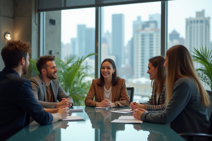 groupe-travail-urbain Groupe de jeunes adultes en discussion dans un bureau moderne