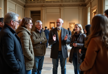 Groupe de visiteurs dans un musée avec guide en intérieur