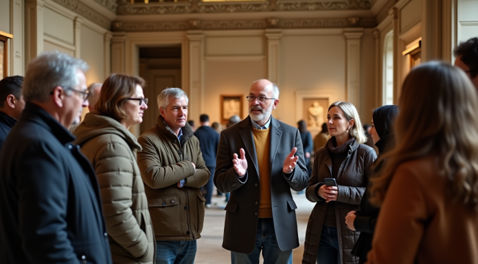 Groupe de visiteurs dans un musée avec guide en intérieur