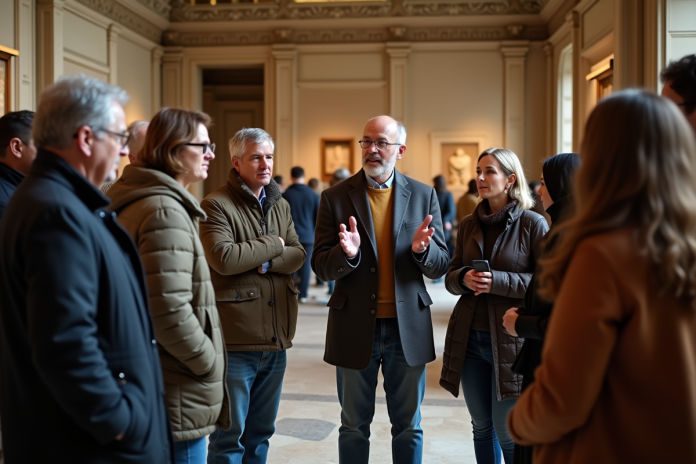 groupe-visiteurs-musee-guide Groupe de visiteurs dans un musée avec guide en intérieur