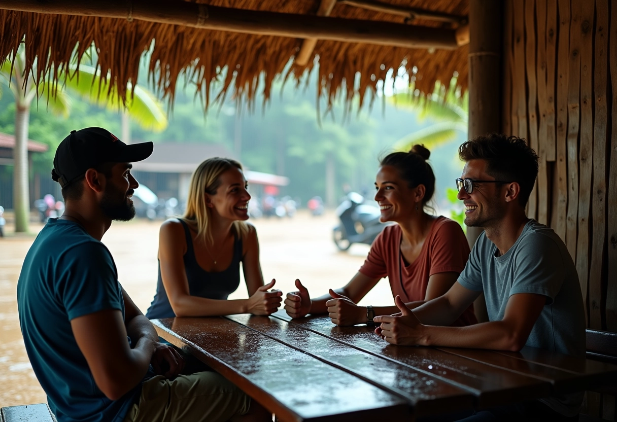Trois backpackers discutent sous un abri en bambou sous la pluie