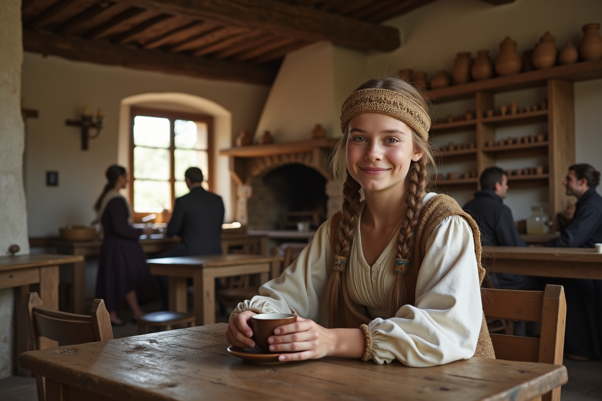 Jeune femme voyageuse médiévale souriant dans la salle commune de l
