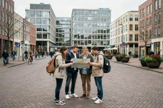 Touristes consultant une carte dans le centre-ville d'Eindhoven avec l'architecture moderniste néerlandaise en arrière-plan
