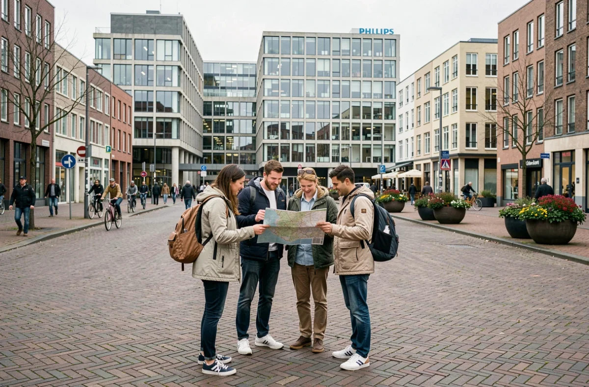 Touristes consultant une carte dans le centre-ville d'Eindhoven avec l'architecture moderniste néerlandaise en arrière-plan