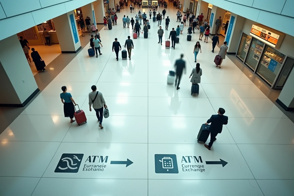 Vue du hall des arrivées de l'aéroport Mohammed V avec panneaux de signalisation vers les bureaux de change et distributeurs
