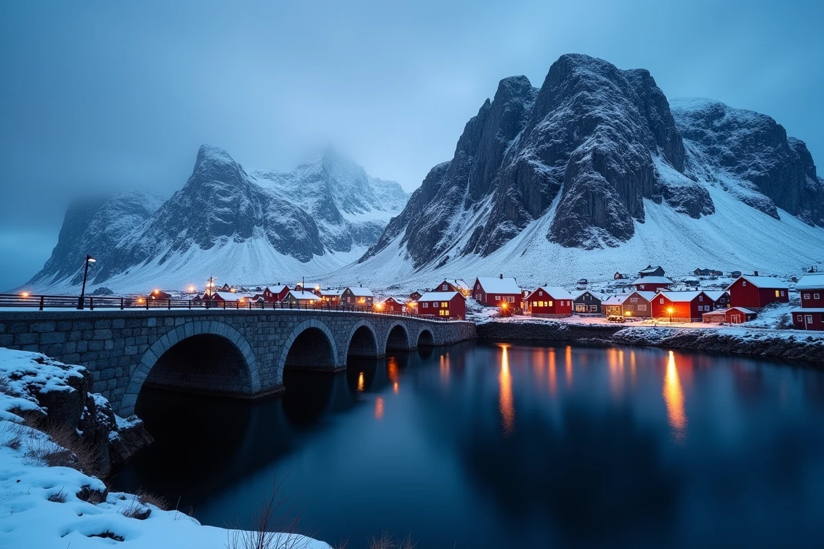 Village de Hamnøy avec son pont emblématique et ses cabanes illuminées reflétés dans l'eau calme d'un fjord des Lofoten au crépuscule hivernal