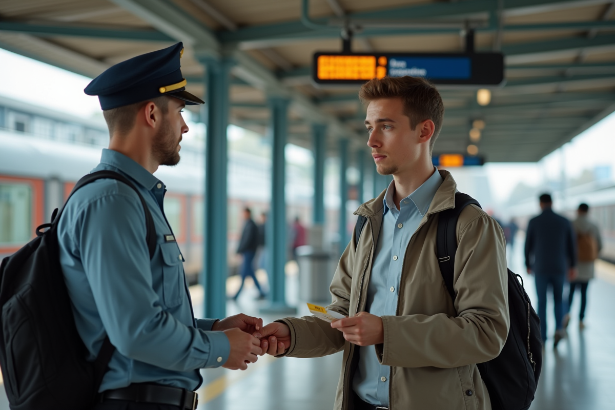 Jeune homme achetant un billet dans une gare animée