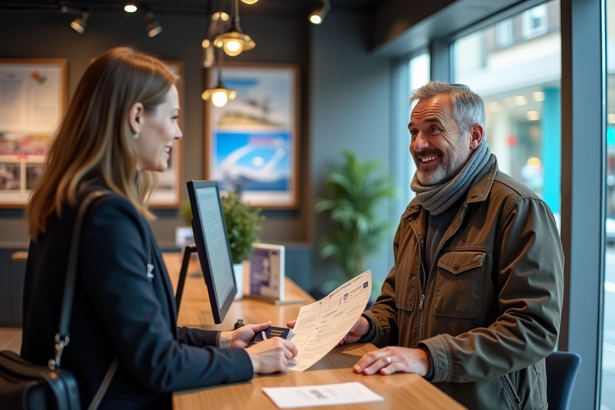 Homme discutant avec un agent de voyage dans une agence moderne