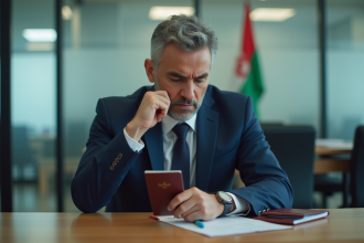 Homme algérien en costume navy examine son passeport