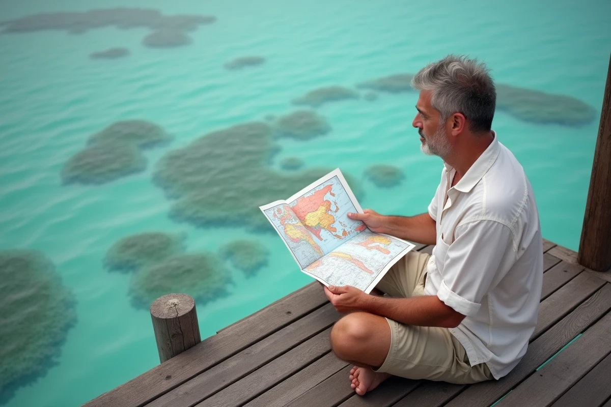 Homme consultatnt un atlas ouvert sur la carte des Maldives depuis la terrasse d'un bungalow sur pilotis