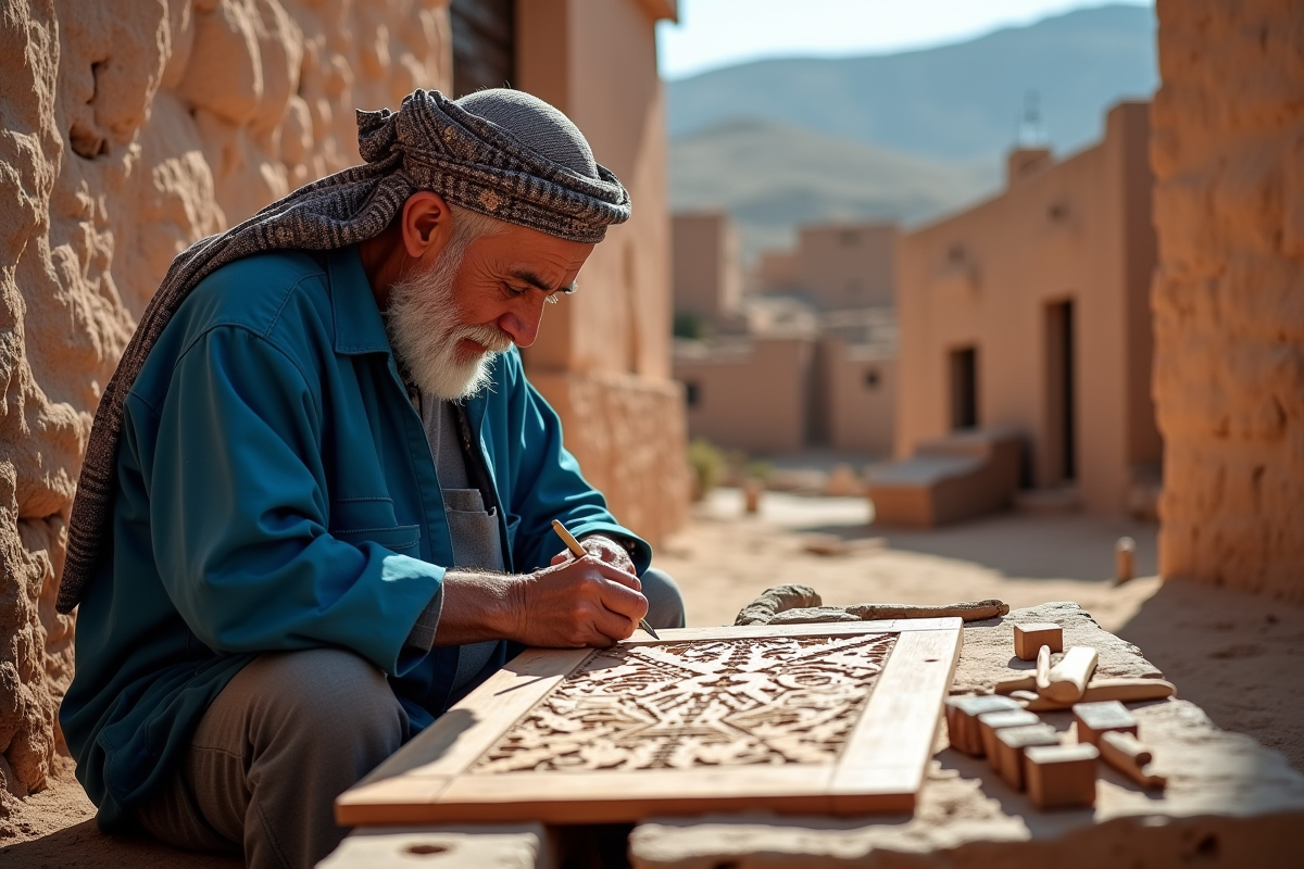 Homme berbere sculptant un panneau en bois avec symboles anciens