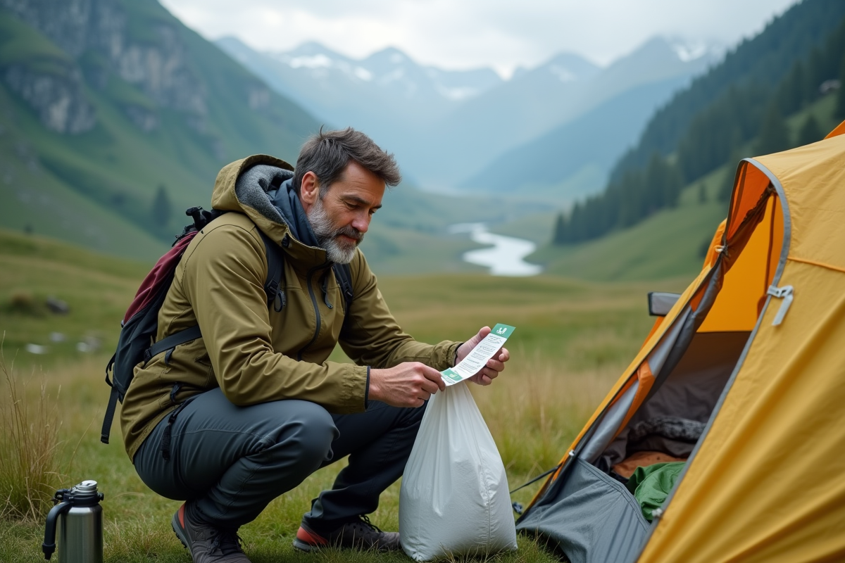 Homme en camping responsable avec sac à déchets écologique