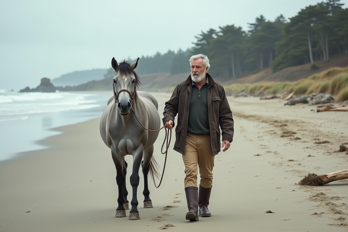 Homme mature menant un cheval sur la plage au coucher du soleil