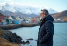 Homme en parka regardant la mer à Ushuaia