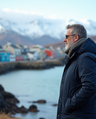 Homme en parka regardant la mer à Ushuaia