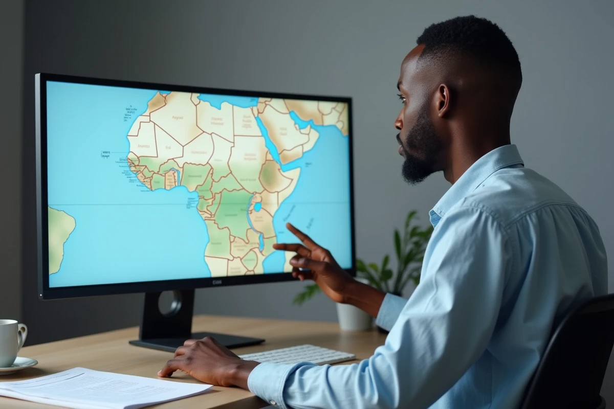 Homme consultant une carte numérique haute résolution du Sénégal sur un écran d'ordinateur