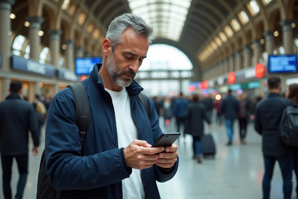 Homme consultant son téléphone pour contacter la SNCF dans une gare française animée