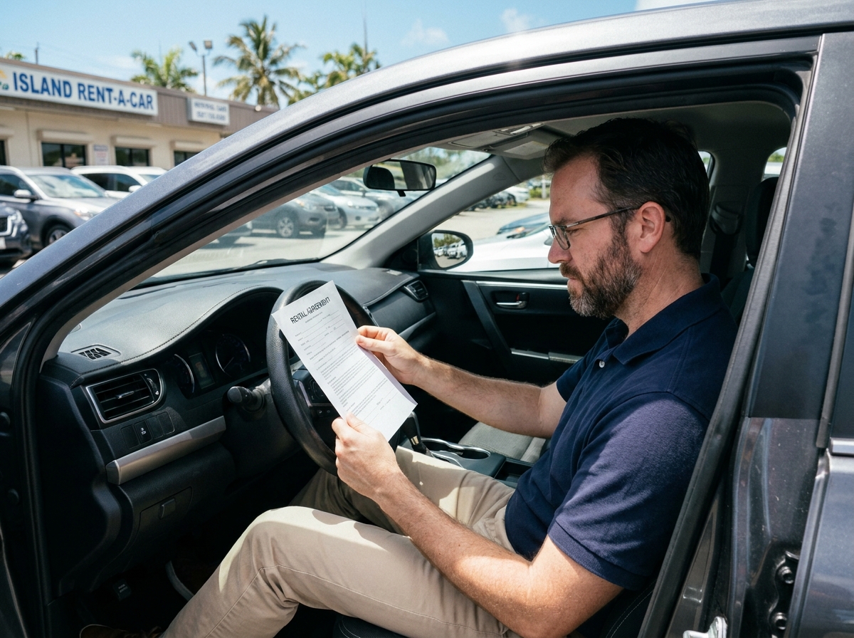 Homme lisant un contrat de location de voiture dans un véhicule stationné devant une agence à La Réunion