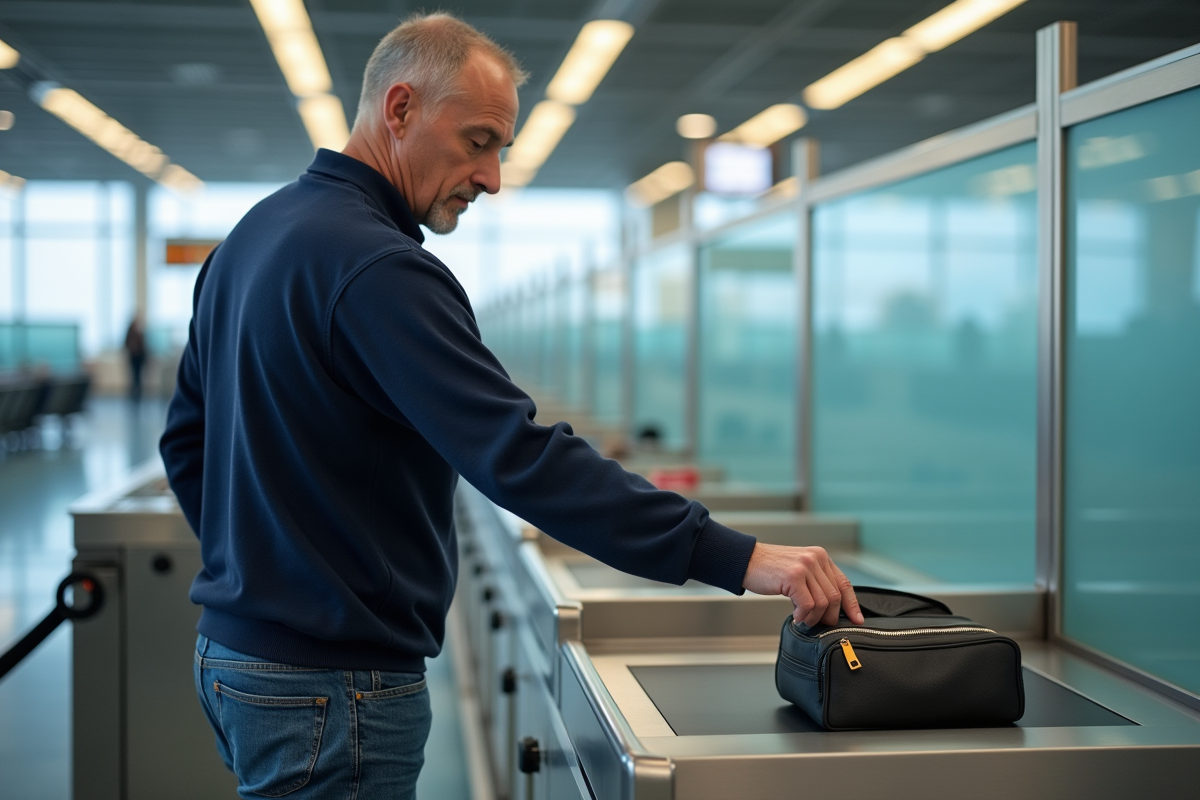 Homme dépose sa trousse de toilette au contrôle de sécurité