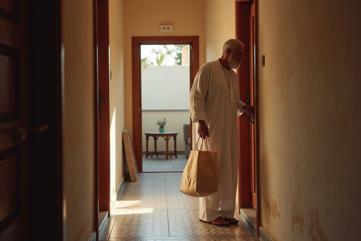 Homme marocain âgé dans un couloir avec porte en bois
