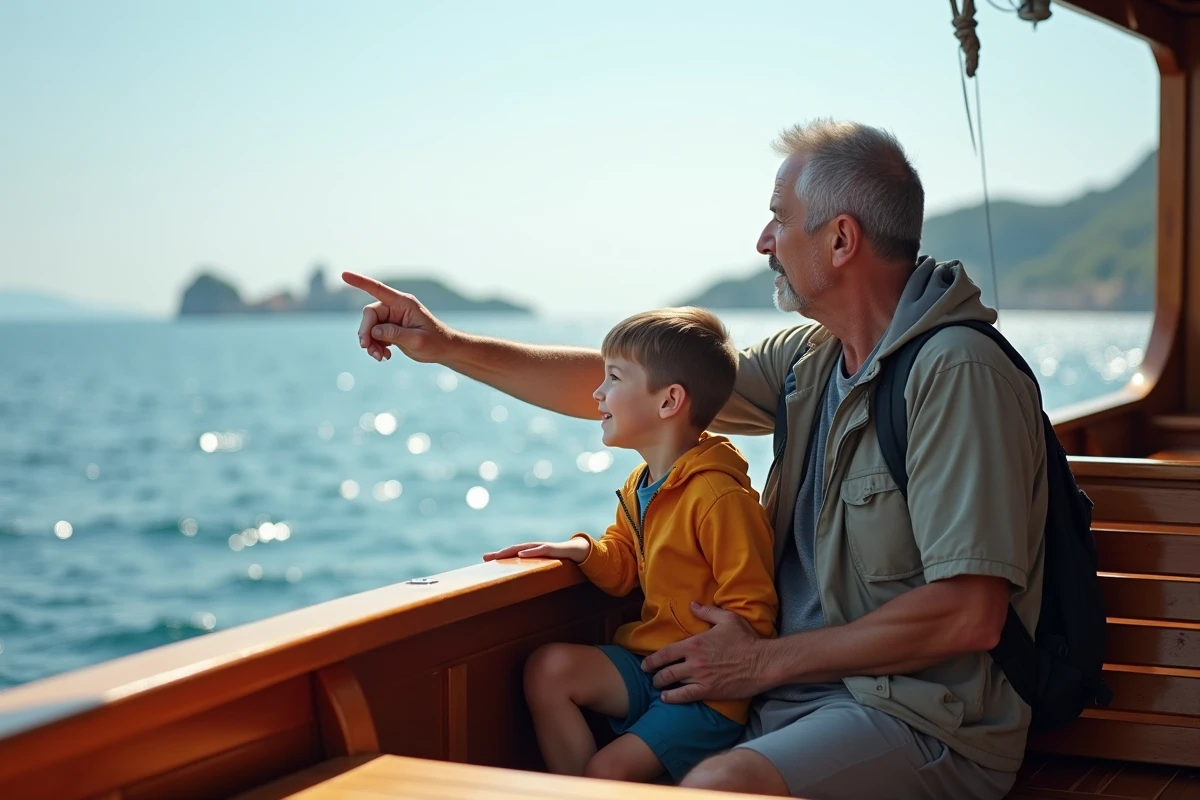 Homme et garçon en bateau vers les îles Elaphiti