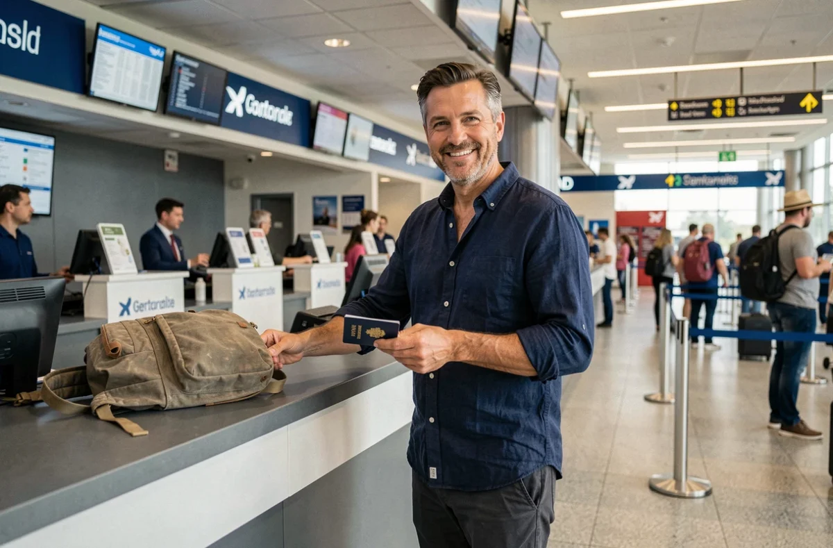 Homme remettant son passeport au comptoir d'enregistrement pour un départ de voyage spontané de dernière minute