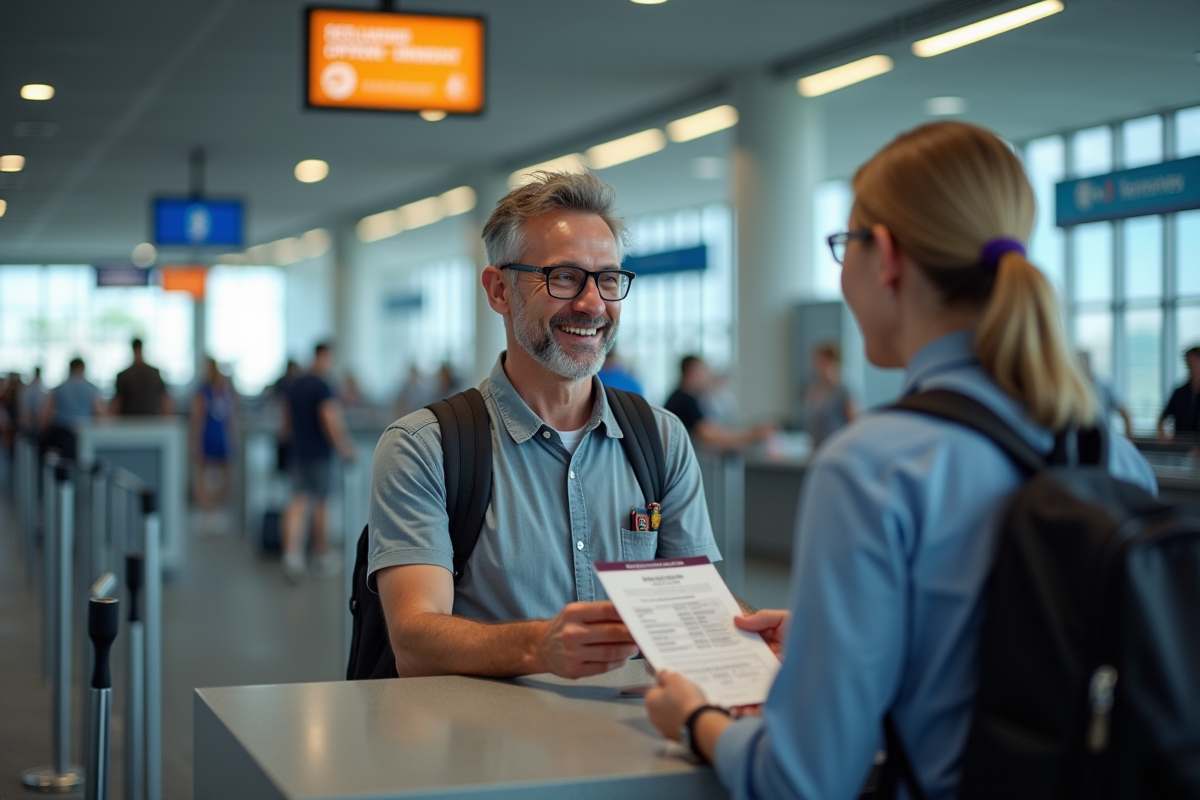 Homme souriant remettant son passeport à l