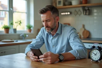 Homme français réfléchissant avec montre et smartphone dans la cuisine