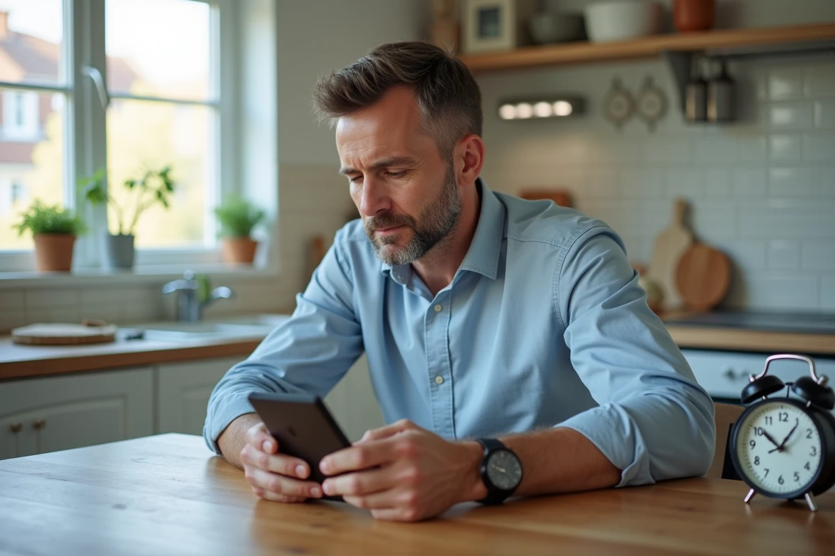 Homme français réfléchissant avec montre et smartphone dans la cuisine