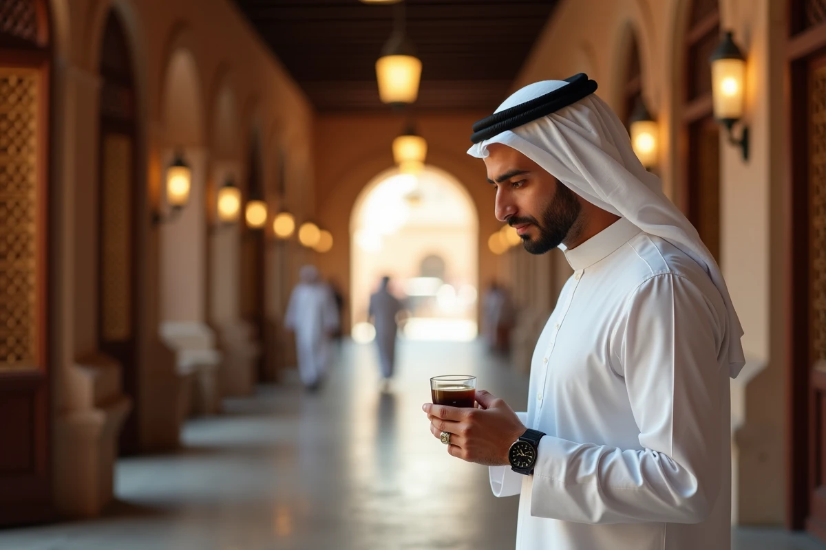 Homme en kandura consultant sa montre au lever du jour dans un souq de Dubaï pendant le ramadan