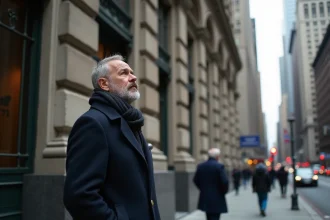 Homme regardant le Woolworth Building à Manhattan