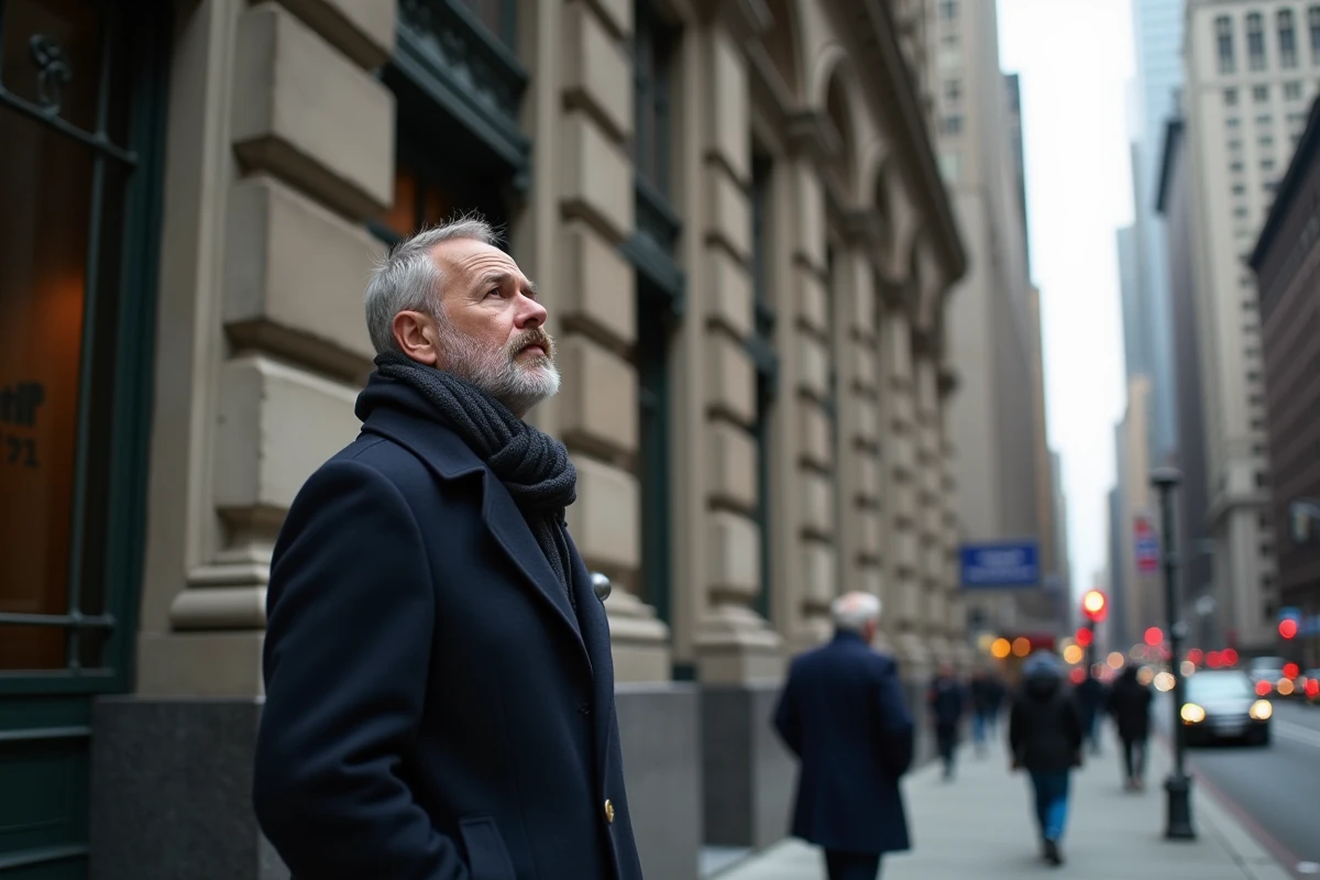Homme regardant le Woolworth Building à Manhattan