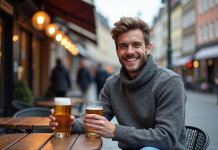 Jeune homme norvegien souriant avec bière en extérieur