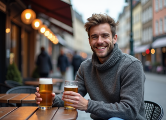 Prix bière Norvège : Découvrez les tarifs et coûts en 2025 ! Jeune homme norvegien souriant avec bière en extérieur