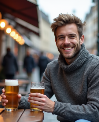 Jeune homme norvegien souriant avec bière en extérieur