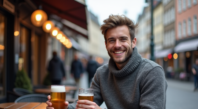Jeune homme norvegien souriant avec bière en extérieur
