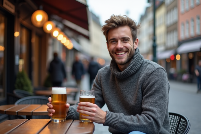 homme-norvegien-cafe-oslo Jeune homme norvegien souriant avec bière en extérieur