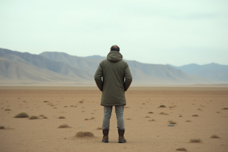 Homme en parka dans une steppe vaste et déserte
