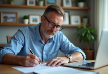 Homme d'âge moyen remplissant des formulaires de voyage à son bureau